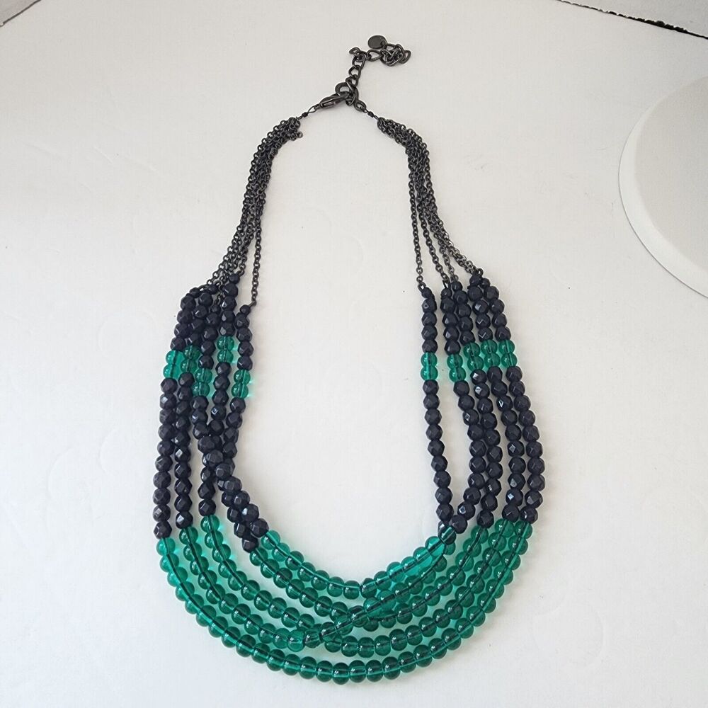 Talbots Waterfall Necklace Green and Blue Glass Beads Layered Multi Strand 22"